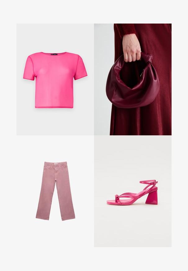 Kratka majica s kratkimi rokavi, krojena na pas, v svetlo roza barvi, izdelana iz lahkega, gladkega materiala z okroglim izrezom in brez vidnih vzorcev ali dodatkov.; Roza široka jeans hlače iz denima, z visokim pasom, sprednjimi žepi in subtilnimi šivi. Gladka tekstura brez vzorcev.; Roza lakasta usnjena sandala na peto s kvadratnim prstom, ozkimi trakovi in geometrijsko blok peto. Ima značilen zaponko na traku.; Bordo usnjeni ročni torbici s mehak, nabrana zasnova in okrogla oblika. Ročaj je varen in prikazuje gladko teksturo.