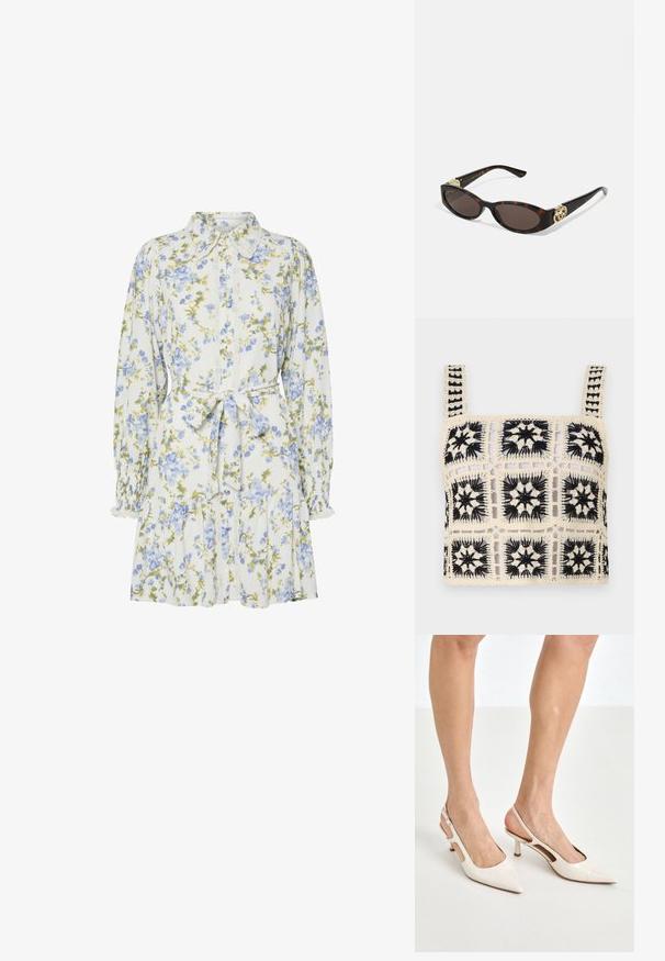 Skrócony top na szydełku z kremowym tłem i czarnymi haftami kwiatowymi, kwadratowymi motywami i regulowanymi ramiączkami. Otwarta struktura nadaje teksturę.; Kwiatowa sukienka w bieli z niebieskimi i zielonymi kwiatami, z kołnierzykiem, zapinana na guziki z przodu, z długimi rękawami z elastycznymi mankietami i paskiem w talii.; Beżowe lakierowane szpilki z odkrytą piętą, zakończone spiczastym noskiem i 5 cm obcasem, z wyciętymi bokami oraz cienkim paskiem na kostce.; Słoneczne okulary w kolorze żółwi z wydłużonymi owalnymi soczewkami, brązowym odcieniem, złotymi akcentami logo na zausznikach oraz smukłymi czarnymi ramionami.; Beżowa torebka w wzory o zakrzywionym kształcie, z skórzanymi akcentami i złotym logo z przodu. Posiada krótki uchwyt, co ułatwia noszenie.; Naszyjnik z pereł i kryształów o okrągłym, koralikowym wzorze w jasnych odcieniach, z naprzemiennie umieszczonymi perłami i błyszczącymi akcentami, noszony na szyi.