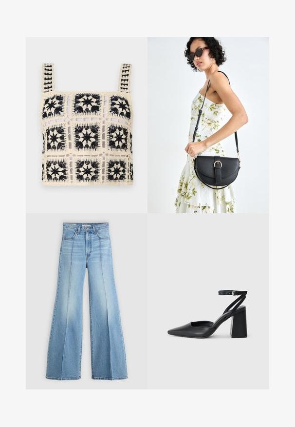 Crochet crop top featuring a cream base with black floral embroidery, square motifs, and adjustable straps. Open weave design adds texture.; Light blue high-waisted jeans with wide legs, front and back pockets, belt loops, and vertical seam details on the front.; Black leather pointy-toe pump with an ankle strap and a chunky heel. Flat texture, sleek design, and minimalistic aesthetics.; Black leather handbag with a curved shape, detachable strap, and gold hardware. The bag features a flap with a buckle detail.