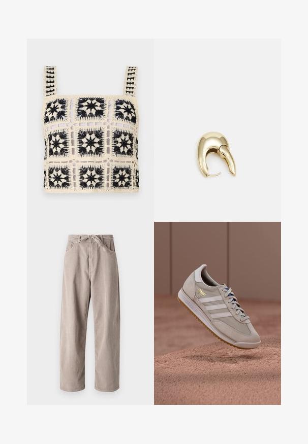 Kvačkani crop top s kremasto osnovom i crnim cvjetnim vezom, kvadratnim motivima i podesivim trakama. Otvoreni uzorak dodaje teksturu.; Bež ženske hlače od kordura u slobodnom kroju, s elastičnim pojasom, dva prednja džepa i vertikalnom rebrastom teksturom.; Bež tenisice s gornjim dijelom od brušene kože i mrežaste tkanine, bijele tri pruge, đon od gumenog materijala boje gume, plave vezice i zlatni detalj logotipa. Klasični retro dizajn.; Zlatne metalne naušnice s elegantnim, zakrivljenim dizajnom. Imaju karakterističan šiljast oblik, poliranu površinu i zatvaranje na šarku.