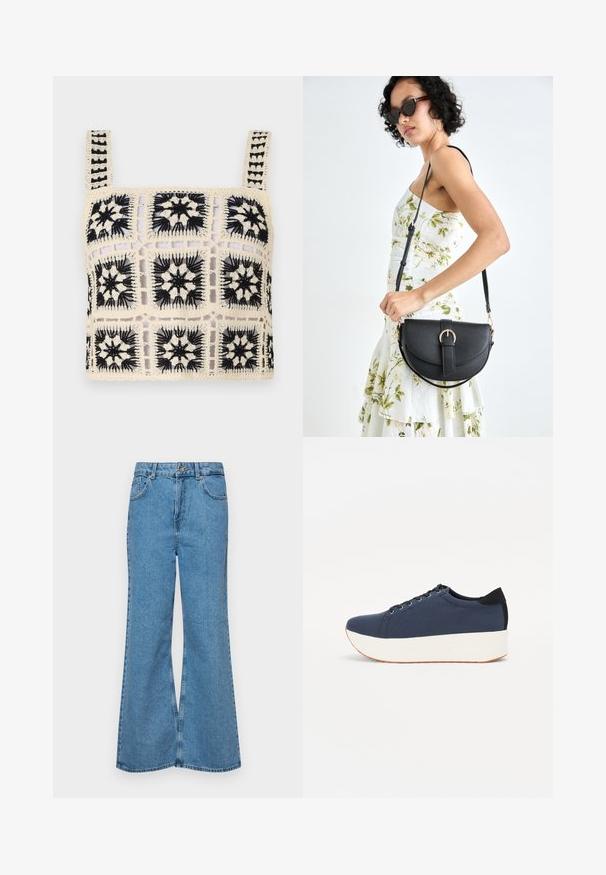 Kootud crop top, millel on kreemja alusega musta lillekirjaga tikandid, ruudukujulised motiivid ja reguleeritavad rihmad. Avatud koepinne disain lisab tekstuuri.; Heledad sinine flared teksade rõivad, millel on kõrge talje, viis taskut ja üks nupulukk. Pehme tekstuur ja pleekinud viimistlus.; Tumedat sinised tennised tekstureeritud riidest pealispinnaga, valge platvormi tallaga, ümarate varvaste ja musta kontsapaneeliga. Omab kuut silma paelte jaoks.; Mustmust mustraha kõverate joontega, eemaldatava rihmaga ja kuldsete detailidega. Kotil on klapp, millel on pandladetail.