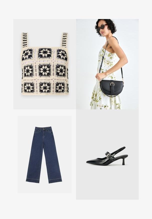 Kootud crop top, millel on kreemja alusega musta lillekirjaga tikandid, ruudukujulised motiivid ja reguleeritavad rihmad. Avatud koepinne disain lisab tekstuuri.; Laiad püksid tumedast sinisest denimist. Omab viit taskut, vöölõke ja toore äärega allosas, kus on nähtavad õmblused.; Mustad patenteeritud nahast sildiga kontsad, millel on terav nina ja väike plokk-konts, mille rihmal on hõbedane pandla aksessuaar.; Mustmust mustraha kõverate joontega, eemaldatava rihmaga ja kuldsete detailidega. Kotil on klapp, millel on pandladetail.