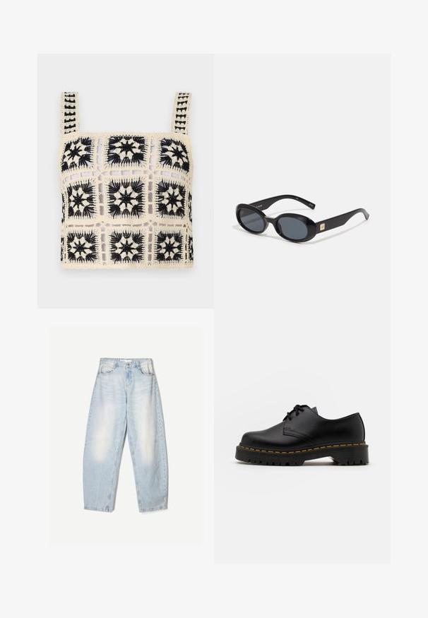Horgolt crop top krém alappal, fekete virágmintákkal, négyzetes motívumokkal és állítható pántokkal. Az nyitott szövésű dizájn textúrát ad.; Világoskék farmernadrág, laza szabással, elhasználódott hatással, két elülső zsebbel és gombos zárással a derékrészen.; Fekete bőr, fűzős cipő lekerekített orral, texturált gumitalppal és sárga varrással az alján. Lapos design és sima felület.; Fekete, ovális napszemüveg sötét lencsékkel, fényes műanyag kerettel, széles szárakkal és egy apró arany díszítéssel az egyik oldalon.