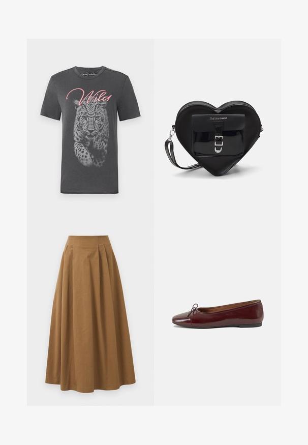 Grå t-shirt med korte ærmer, der har et stort leopardgrafik og "Wild" i pink skrift. Lavet af blød bomuld med en rund halsudskæring.; Brun bomulds A-linjeet nederdel med høj talje, præget af læg foran og en glat tekstur. Endeafslutningerne er enkle og rene.; Bordeaux patentlæder balletflad med rund tå, lille sløjfeaccent foran og en lav, sort gummisål. Glat tekstur.; Sort hjertetask lavet af patentlæder med en frontlomme, der har en spænde-lukning og en aftagelig rem. Sølv hardware accenter.