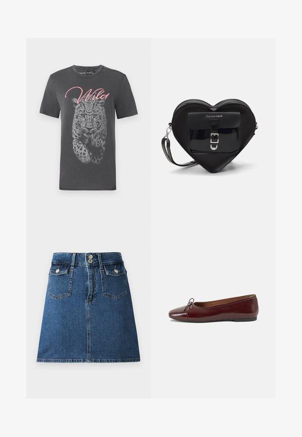 Graues Kurzarm-T-Shirt mit einem großen Leoparden-Motiv und "Wild" in pinker Schrift. Aus weicher Baumwolle mit Rundhalsausschnitt.; Jeansrock in Dunkelblau mit tailliertem Bund, zwei Vorder- und zwei Hintertaschen sowie silberfarbener Knopfverschluss.; Burgunderfarbenes, lackiertes Ballettschuh mit abgerundetem Zehenbereich, kleiner Schleifenakzent vorne und einer niedrigen, schwarzen Gummisohle. Glatte Textur.; Schwarze, herzförmige Tasche aus Lackleder mit einer Vordertasche, die über einen Schnallenverschluss verfügt, sowie einem abnehmbaren Trageriemen. Silberne Hardware-Details.