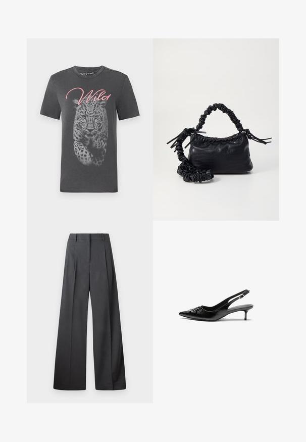 T-shirt cinza de manga curta com um grande gráfico de leopard e "Wild" em letra cursiva rosa. Feita de algodão macio com decote redondo.; Calças de perna larga em tecido cinza escuro, apresentando uma cintura alta, pregas simples e uma textura suave com um acabamento limpo nas bainhas.; Sapatos de salto alto slingback em couro preto com bico fino, pequeno salto kitten e um detalhe decorativo em forma de nó na parte da frente. Textura suave em toda a parte.; Bolsa de mão em couro sintético preto com textura de crocodilo, topo franzido e alça enrugada. Apresenta um design suave e compacto.