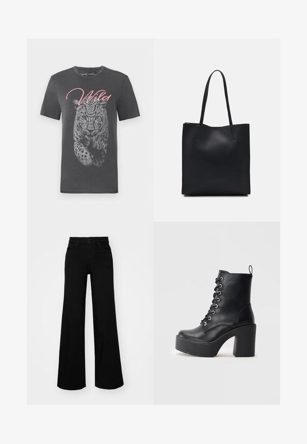 Hall kaelusega lühikeste varrukatega T-särk, millel on suur leopardigraafika ja "Wild" roosa kiri. Valmistatud pehmest puuvillast.; Mustad mustad püksid, mis on valmistatud denimist, struktuurse vöökohtade, vöökootidega ja esikottidega. Sile tekstuur klassikalise disainiga.; Must mustaankelisaapad, millel on paks plokkkonts, paeltega esiosa ja tekstuurpind. Tagaküljel on lihtsaks jalga panemiseks silmus.; Mustast nahast kott sujuva tekstuuriga, ristkülikukujuline ja kahe pika sangaga. Pole nähtavat riistvara ega kaunistusi.