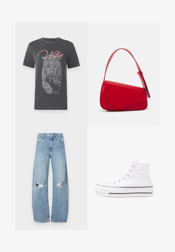 Siva majica s kratkimi rokavi, ki prikazuje velik leopardji grafik in napis "Wild" v roza pisavi. Narejena iz mehkega bombaža z okroglo ovratnico.; Svijetloplave traperice visoki struk. Imaju široke nogavice, dva poderana područja na koljenima i klasičan petotoksi stil.; Beli visoki platneni športni čevelj z črnim gumijastim podplatom, sprednjim gumijastim zaščitnikom za prste in šestimi luknjicami za vezalke, ki se ponaša s preprostim, minimalističnim dizajnom.; Rdeča usnjena torba z angularnim, geometrijskim dizajnom. Ima en samostoječ nastavljiv ročaj in pokrov, zaprt z zapiranjem, ki je okrašen s šivi.