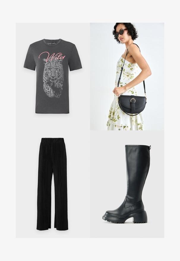 Siva majica s kratkimi rokavi, ki prikazuje velik leopardji grafik in napis "Wild" v roza pisavi. Narejena iz mehkega bombaža z okroglo ovratnico.; Črne plisirane hlače z elastičnim pasom. Imajo široke noge in gladko, teksturirano tkanino z navpičnimi črtami.; Visoka črna usnjena škornja s debelim podplatnim solejem in blok peto, opremljena s potegom in strukturiranim profilom na podplatu.; Črna usnjena torbica s ukrivljeno obliko, z odstranljivo naramnico in zlatimi dodatki. Torbica ima pokrov s podrobnostmi v obliki zaponke.