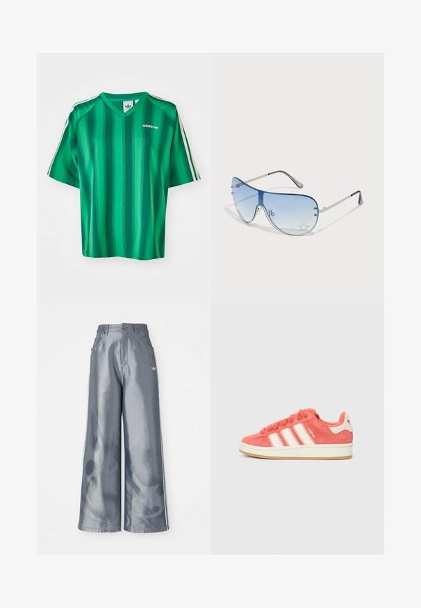 Žalias juostelėmis Adidas marškinėliai su V formos kaklu, trumpomis rankovėmis, trimis baltomis juostelėmis ant pečių ir mažu logotipu ant krūtinės. Lygus paviršius.; Plačios kelnės iš blizgaus pilko medžiagos, su baltomis šoninėmis juostelėmis ir liepsnos raštu apatinėje dalyje. Mygtuko ir užtrauktuko uždarymas juosmens srityje.; Rožinės zomšinės sportbačiai su kreminėmis juostelėmis, apvaliais raišteliais ir tekstūruota liežuvėliu. Turi gumos gumos padą ir logotipą ant kulno.; Aviatoriai akiniai su gradientiniais mėlynais objektyvais, sidabriniu metaliniu rėmu ir dekoratyvinėmis žvaigždžių akcentais ant objektyvų. Lygaus ir stilingo dizaino.