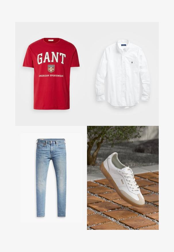 Sarkana kokvilnas T-krekls ar izteiksmīgu baltu "GANT" logo, vairogu ar "USA 1949" un tekstu "AMERICAN SPORTSWEAR" zem tā. Klasicisks apaļas izgriezuma dizains.; Balta garām piedurknēm pogājamā krekla izgatavots no kokvilnas. Iezīmē klasisku apkakli, poga aproces un mazu tumši zilu izšūtu logo uz krūšu.; Gaiši zili pieguļoši džinsi ar nelielu izbalēšanu uz gurniem, ar pogu aizdari priekšā, jostas cilpām un piecu kabatu stilu uz baltā fona.; Baltas ādas kedas ar bēšiem zamšādām, ar apaļu purngalu, auklām priekšā un brūnu gumijas zoli, uz kuras redzams zīmola nosaukums "BOSS".