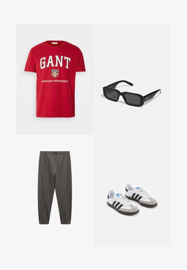 Červené bavlněné tričko s výrazným bílým logem "GANT", štítkem s nápisem "USA 1949" a textem "AMERICAN SPORTSWEAR" níže. Klasický design s kulatým výstřihem.; Šedé joggingové kalhoty vyrobené z měkké látky, s elastickým pasem, bočními kapsami a zúženým střihem nohavic.; Sportovní boty s bílým koženým svrškem, šedou semišovou špičkou a třemi černými pruhy. Obsahují modré logo na jazyku a texturovanou gumovou podrážku.; Arnette THEKIDD UNISEX - Sluneční brýle - black