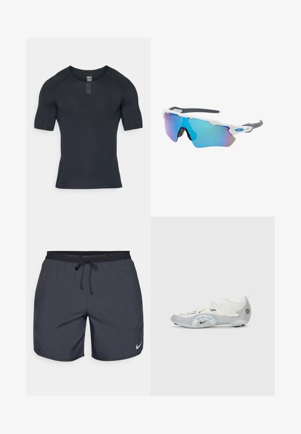 Schwarzes sportliches Kurzarmshirt mit rundem Halsausschnitt, gefertigt aus leichtem, glattem Stoff. Verfügt über dezente Nähte und ein Etikett am Kragen.; Dunkelgraue Nike Laufshorts mit einem elastischen Bund und einem Zugband sowie einem silbernen Logo-Akzent am unteren rechten Bein.; Weiße und silberne Radschuhe mit einem Obermaterial aus Mesh, strukturierten Akzenten, verstellbaren Riemen und einer Gummisohle für Grip und Stabilität.; Sonnenbrille mit einem weißen Rahmen, grauen Akzenten und blauen Spiegellinsen. Sportliches Design, umschließende Form und verstellbare Nasenpads.