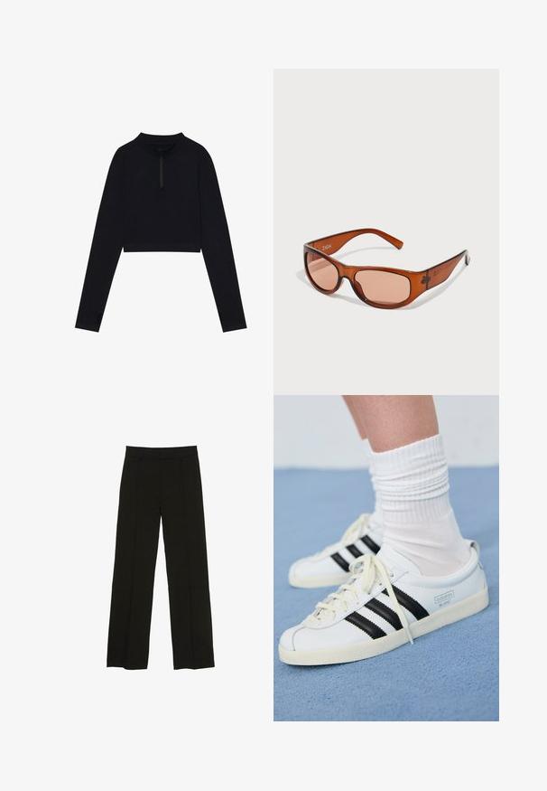 Sort cropped langærmet top med høj krave og halvlynlås, der har tommelfingerhuller i ærmerne og en glat tekstur.; Sorte brede bukser lavet af et glat stof, med en tætsiddende talje og subtile frontfolder for ekstra tekstur.; Hvide lædersneakers med sorte striber, cremefarvet sål og lyse snørebånd. Båret med hvide ribbede sokker, placeret på blå baggrund.; Brune tonede solbriller med rektangulær form, lavet af translucent plast. Har buede arme og mærkenavnet "ZIGN" på siden.