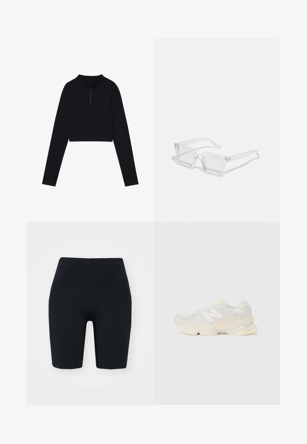 Melnā, īsā garās piedurknes blūze ar augstu apkakli un puspogojumu, ar izdobi plaukstām piedurknēs un gludu tekstūru.; Melnas augstās velosipēdu šortas, kas izgatavotas no elastīga auduma ar gludu tekstūru, ar sānu kabatām un pieguļošu dizainu.; Vieglas sporta apavus ar sieta un zamšādas augšdaļu maigos krēma tonī, ar masīvu zoli un trīsdimensionāliem akcentiem.; Caurspīdīgas taisnstūrveida saulesbrilles ar biezām plastmasas rāmja, ar nedaudz krāsotiem objektīviem un bez papildu rakstiem vai akcentiem.