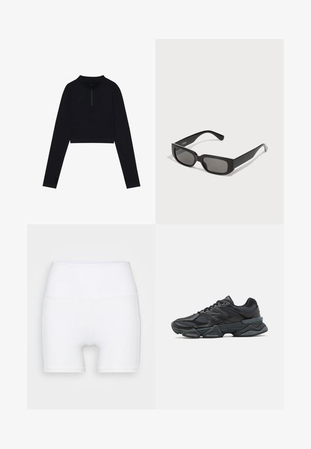 Blusa preta cropped de manga longa com colarinho alto e fecho de meio zíper, apresentando aberturas para os polegares nas mangas e uma textura suave.; Calções brancos de cintura alta feitos de tecido elástico. Apresentam uma textura suave e um design justo, sem padrões ou acessórios adicionais.; Sapato de corrida preto com uma combinação de malha e materiais sintéticos, sola robusta, design curvado e uma marca de destaque na lateral.; Óculos de sol retangulares pretos com lentes cinzentas, feitos de plástico liso. Apresenta um design minimalista com hastes retas e uma marcação discreta.