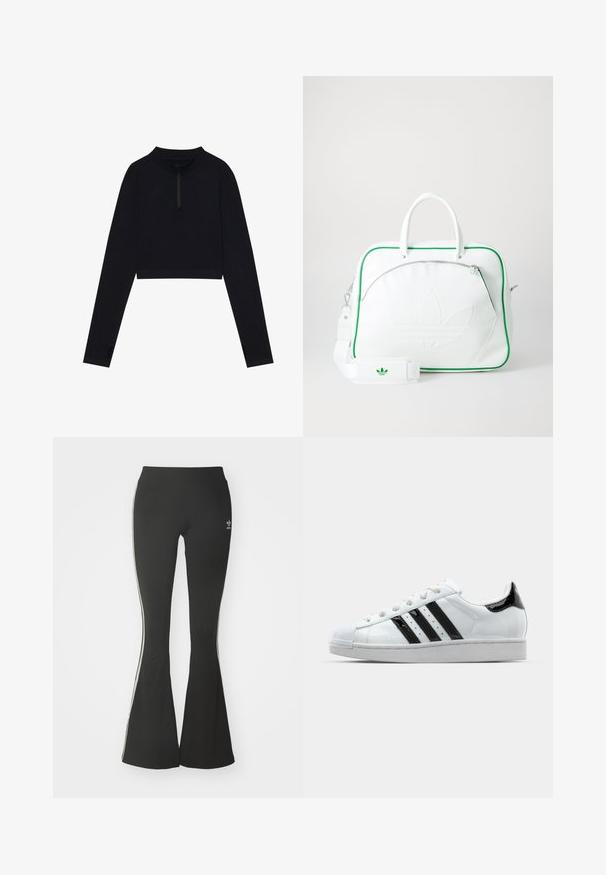 Top scurt negru cu mânecă lungă, guler înalt și închidere cu zipper pe jumătate, având găuri pentru degete în mâneci și o textură netedă.; Colanți negri cu evazare, din material elastic, cu talie înaltă și dungi albe pe laterale. Include un mic logo la talie.; Tenis alb cu accente din piele patinată neagră, cu trei dungi negre și vârf din cauciuc. Are șireturi albe și un material superior cu textură netedă.; Geantă din piele albă cu detalii verzi, având un logo embosat proeminent, mânere duale, o curea detașabilă și un buzunar cu fermoar în față.
