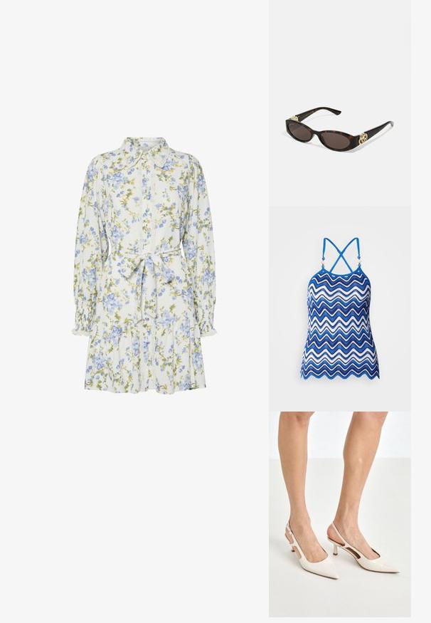 Zila un baltā zigzag raksta halter tops ar regulējamiem krustveida siksnām un dekoratīvām pērlēm ap kakla līniju. Elpojošs adīts materiāls.; Ziedu kleita baltā krāsā ar ziliem un zaļiem ziediem, ar apkakli, pogu aizdari priekšā, garām piedurknēm ar elastīgām aprocēm un jostas saišu.; Beidzējo oriģinālo bežējo lakotā ādas kurpju papēžus ar norādītu degunu un 5 cm papēdi, kas iekļauj izgrieztās sānu daļas un plānu potītes siksniņu.; Tīģerbrūnā sauļošanās brillēm ar izstieptām ovālām lēcām, brūnu tonējumu, zeltītiem logotipa akcentiem uz tempļiem un plānām melnām kājām.; Pērļu un kristālu kaklarota ar apaļu, pērlēm rotātu dizainu bālās nokrāsās, kurā mijas pērles un mirdzoši akcenti, valkāta apkārt kaklam.