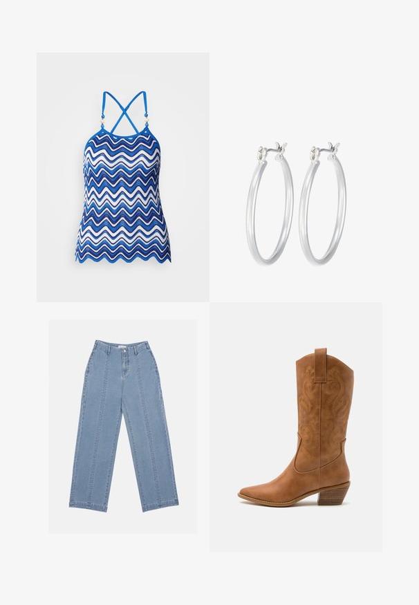 Sinine ja valge siksakimuster, kaeluse küljes reguleeritavad ristuunud rihmad ja dekoratiivsed helmestest aktsendid. Hingav heegeldatud materjal.; Heledad sinine laiad püksid, mis on valmistatud denimist. Omavad kõrget talje, nupuvärvi ja nähtavat õmblust. Esiküljel ei ole nähtavaid taskuid.; Kohvitooni nahast cowboy-kork, millel on terav varvas, tikitud keerised varrel ja virnastatud ploki konts. Omab tõmbeava, et seda oleks lihtne jalga panna.; Hõbedased rõngaskõrvarõngad, millel on sile, läikiv viimistlus. Ümmargune kuju ja turvaline klõpsulatus. Kerge disain, sobib igapäevaseks kandmiseks.