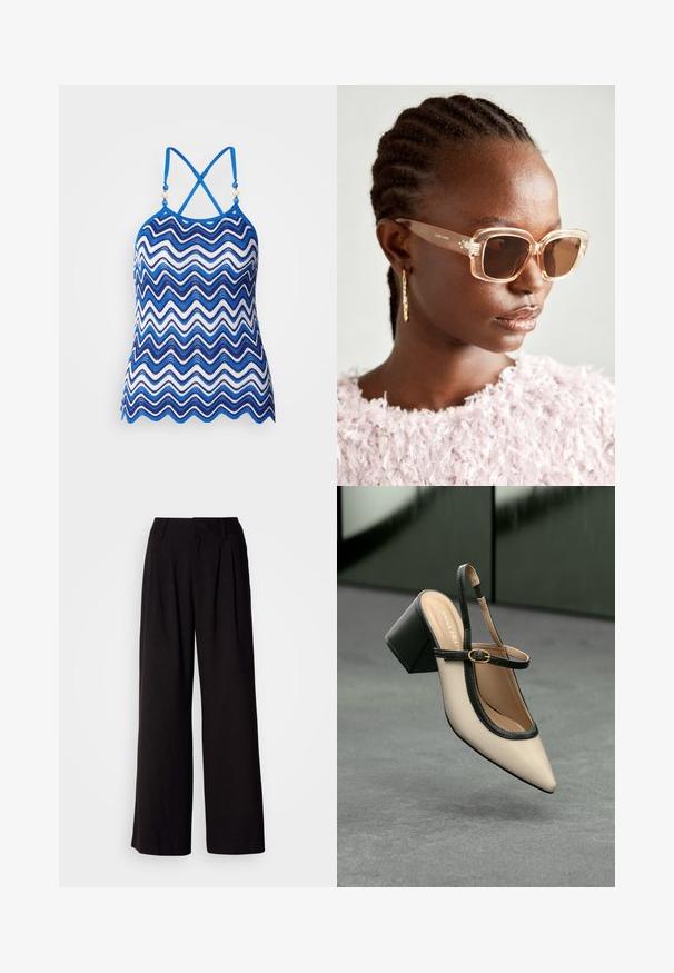 Halter top v modro-belem zigzag vzorcu z nastavljivimi križno postavljenimi naramnicami in dekorativnimi perlicami na ovratniku. Zračen kvačkan material.; Črne široke hlače iz gladkega materiala, ki imajo na sprednji strani nabore, prilegajoč pas in brez vidnih vzorcev ali detajlov.; Bežna slingback čevlja z uskim sprednjim delom, črnimi detajli, zlatim zaponko in debelim blokovskim peto na sivi tleh s temno zeleno ozadje.; Bežna oversized sončna očala s prozornim okvirjem in rjavimi lečami, ki imajo subtilne cvetlične poudarke in drzen, geometrijski dizajn.