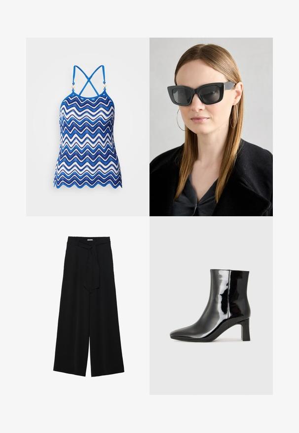 Blue and white zigzag-patterned halter top with adjustable crisscross straps and decorative bead accents at the neckline. Breathable crochet material.; Black wide-leg pants featuring a textured fabric, an elastic waistband, and a detachable sash tie at the waist for adjustable fit.; Black patent leather ankle boot with a pointed toe and a mid-height block heel. Smooth texture and minimalist design.; Black cat-eye sunglasses with dark lenses, thick frames, and subtle accents. Worn with a black coat and gray top, featuring long straight hair.