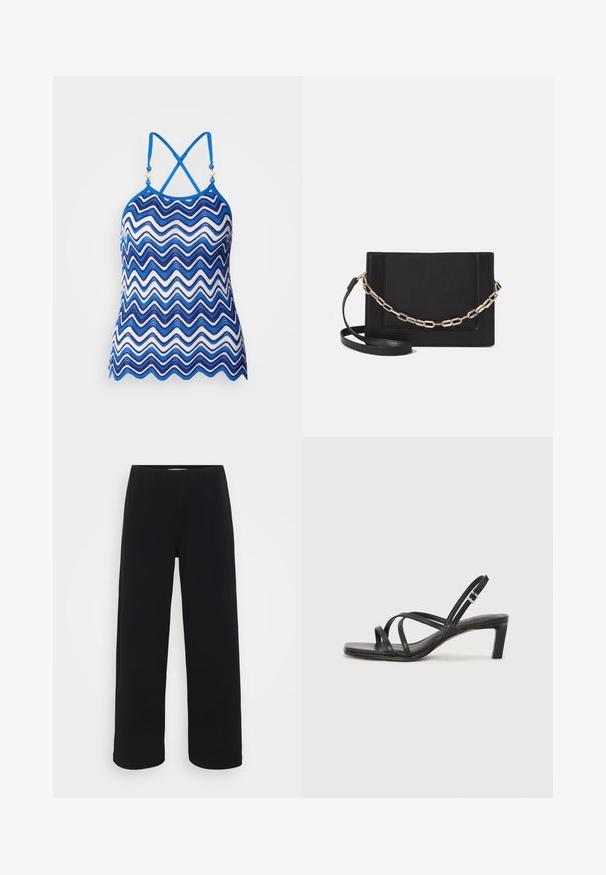 Blaue und weiße Wickeloberteil mit Zickzackmuster, verstellbaren Kreuzträgern und dekorativen Perlenakzenten am Ausschnitt. Atmungsaktives Häkelmaterial.; Schwarze weit geschnittene Hose mit elastischem Bund. Hergestellt aus einem strukturierten Material, mit lockerer Passform und geradem Schnitt von der Hüfte bis zum Saum.; Schwarze Sandale mit Riemchen, quadratischer Zehenform und niedrigem Blockabsatz. Verfügt über mehrere dünne Riemen und einen verstellbaren Knöchelriemen. Hergestellt aus glattem Leder.; Schwarze Leder-Crossbody-Tasche mit glatter Textur, rechteckiger Form und metallic-kettendetail auf der Vorderseite. Verstellbarer Gurt inklusive.; Glänzendes beiges Armband aus glattem Harz. Abgerundete Form mit einer einheitlichen Oberfläche und einem kleinen goldenen Logo auf der Innenseite.