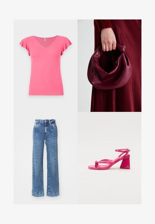 Top scurt roz cu maneci scurte și gât în V, cu mâneci volănaș, având o formă ajustată și o textură netedă.; Jeans din denim albastru deschis, cu picior larg și talie înaltă, având buzunare frontale și detalii cusute. Funda este ruloyată și coasă.; Sandale cu toc din piele patent roz, cu vârf pătrat, curele înguste și toc geometric în formă de bloc. Prezintă un detaliu cu cataramă pe curea.; Geantă de mână din piele burgundă, cu un design moale și pliat și o formă rotundă. Mânerele sunt securizate, evidențiind o textură netedă.