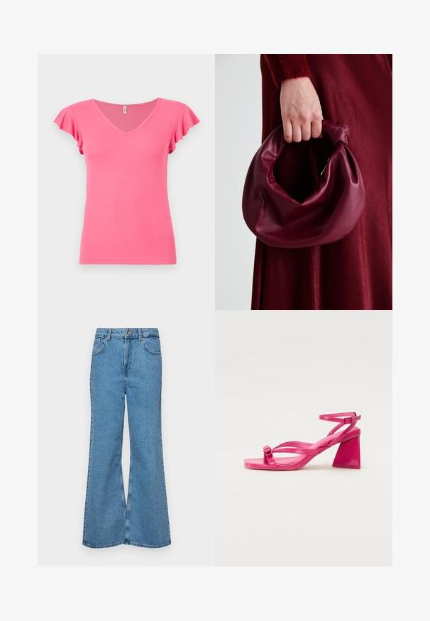 Ružový rebrovaný top s krátkym rukávom a výstrihom do V, s volánovými rukávmi, so priliehavým strihom a hladkou textúrou.; Svetlomodré rozšírené džínsy vyrobené z denimu, s vysokým pásom, piatimi vreckami a jednopoložkovým zapínaním na gombík. Mäkká textúra s vyblednutým povrchom.; Ružové lakované kožené sandále na podpätku so štvorcovou špičkou, úzkymi popruhmi a geometrickým blokovým podpätkom. Obsahujú sponu na popruhu.; Burgundská kožená kabelka s mäkkým, zhromaždeným dizajnom a zaobleným tvarom. Rukoväť je pevne zaisťujúca a vystavuje hladkú textúru.