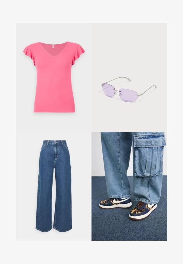 Pink ribbed short-sleeve top with a V-neck and ruffled sleeves, featuring a fitted shape and smooth texture.; Wide-leg blue denim trousers with a high waist, contrasting stitching, and side pockets, featuring a classic five-pocket design and raw hems.; Navy blue sneakers with leopard print accents, white Nike swoosh, brown laces, and white midsole. Paired with light denim cargo pants.; Sunglasses with oval purple lenses, metal frame, and thin arms. Clear nose pads and subtle branding on the arm.