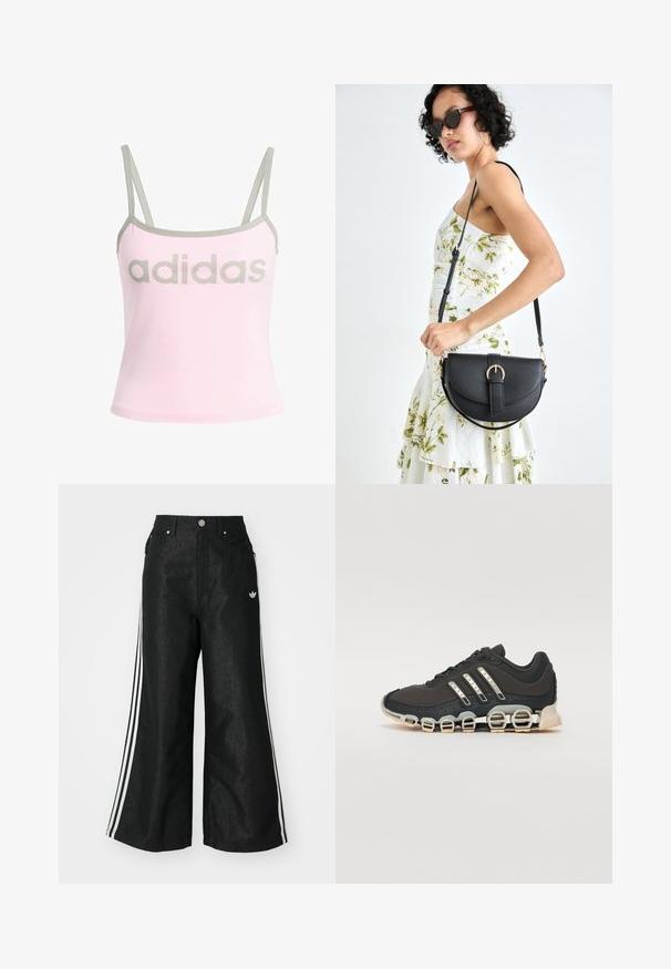 Light pink tank top with gray trim and adjustable spaghetti straps, featuring a large, centered gray "adidas" logo. Cotton material.; Black wide-leg denim pants with three white stripe accents on each side and a small white logo. Features front pockets and a button closure.; Black athletic shoe with a textured upper, three silver stripes, and a distinctive cushioning sole featuring multiple integrated sections.; Black leather handbag with a curved shape, detachable strap, and gold hardware. The bag features a flap with a buckle detail.