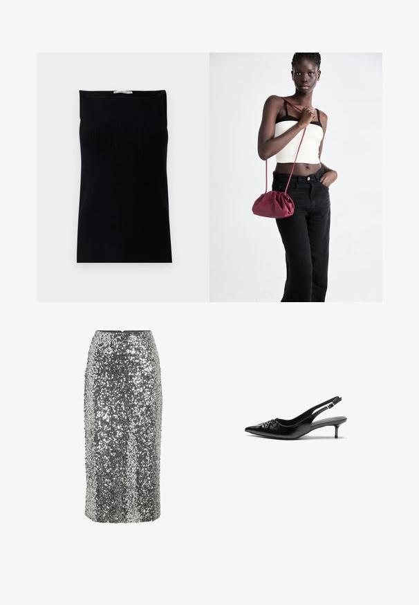Top de alças preto com um decote reto e design sem mangas, apresentando uma textura suave e uma silhueta ajustada.; Saia lápis prateada com lantejoulas, design justo, comprimento até ao joelho e textura suave. Apresenta um fecho de correr oculto na parte de trás.; Sapatos de salto alto slingback em couro preto, com bico fino, salto baixo tipo kitten e detalhe franzido na pala. Textura suave e design minimalista.; Bolsa de tecido suave em borgonha com um design franzido e uma alça longa, usada à transversal. Modelo veste um top cropped branco e jeans pretos.