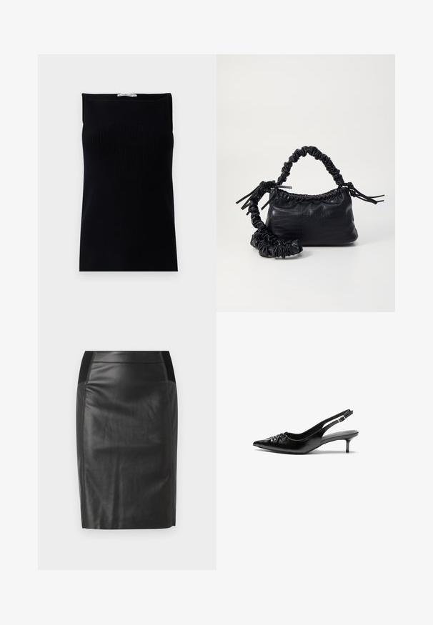 Fekete bordázott ujjatlan top, egyenes nyakkivágással, sima textúrával és testhezálló szabással.; Fekete bőr ceruzaszoknya, amely szoros szabású, sima textúrájú, és mindkét oldalon elasztikus derékpánttal rendelkezik. A végén lapos hem.; Fekete bőrből készült, pántos magassarkú cipő hegyes orral, alacsony cicás sarokkal, és fodros részlettel a lábfején. Simább felület és minimalista design.; Fekete műbőr kézi táska krokodil bőr textúrával, összehúzható tetejű és gyűrt pánttal. Lágy és kompakt dizájnúnak tűnik.