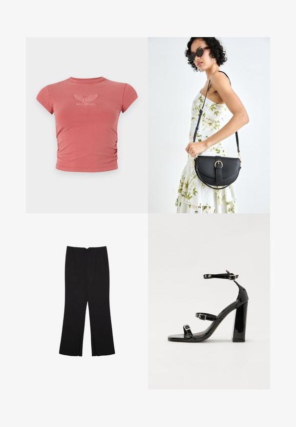 Lyhythihainen, istuva t-paita pölyisen ruusun värissä, jossa on rypistyneet sivudetaljit ja valkoisella kirjailtu "GUESS ORIGINALS" logo rinnassa.; Mustat housut suoralinjaisella leikkauksella, joissa on etutaskut ja sivurei'ät helman alla. Valmistettu pehmeästä ja sileästä kankaasta. Sopii eri tilaisuuksiin.; Musta kiiltävä korkokenkä sandaalit neliönmuotoisella varpaalla, nilkkaremmillä ja hopeisilla soljilla. Varustettu tukevalla lohkokorkealla vakauden takaamiseksi.; Musta nahkainen käsilaukku, joka on kaareva muotoilultaan, irrotettavalla hihnalla ja kultaisilla yksityiskohdilla. Laukussa on läppä, jossa on solk yksityiskohta.