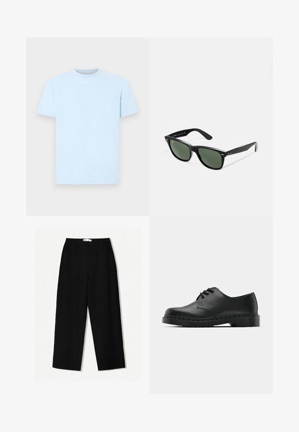Világoskék pamut póló rövid ujjakkal és kerek nyakkivágással. A szövetnek finom textúrája van, látható minták vagy grafikák nélkül.; Fekete, bő szárú nadrág texturált anyagból, rugalmas derékkal és oldalsó zsebekkel. Egyszerű, minimál dizájn díszítések nélkül.; Fekete bőr oxford cipő fűzős kialakítással, kerek orral, lapos gumitalppal és finom varrással a felső részen.; Fekete műanyag napszemüveg zöld lencsékkel, négyzet alakú kerettel, ezüst díszítéssel a keret felső részén, valamint texturált szárakkal. A márka neve a belső száron található.