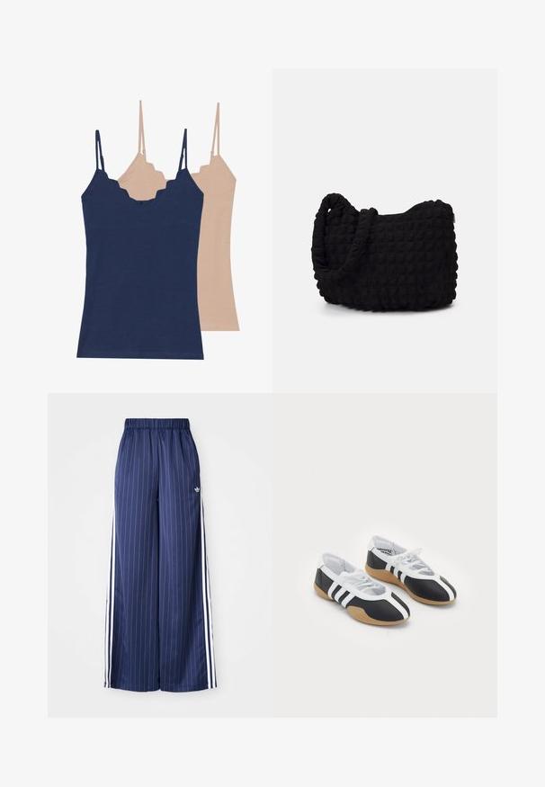 To camiser i marineblå og lys beige, laget av myk stoff, med bølgede kanter og justerbare stropper.; Mørkeblå vide bukser med vertikale hvite striper, elastisk midje og tre hvite striper langs hver side, laget av et lett materiale.; Sorte og hvite sportssko med et elegant design, gummisåle, snøring og tre hvite striper på sidene.; Svarte tekstilveske med en strukturert, quiltet mønster. Rund form, korte, tykke håndtak og en myk, fleksibel struktur.