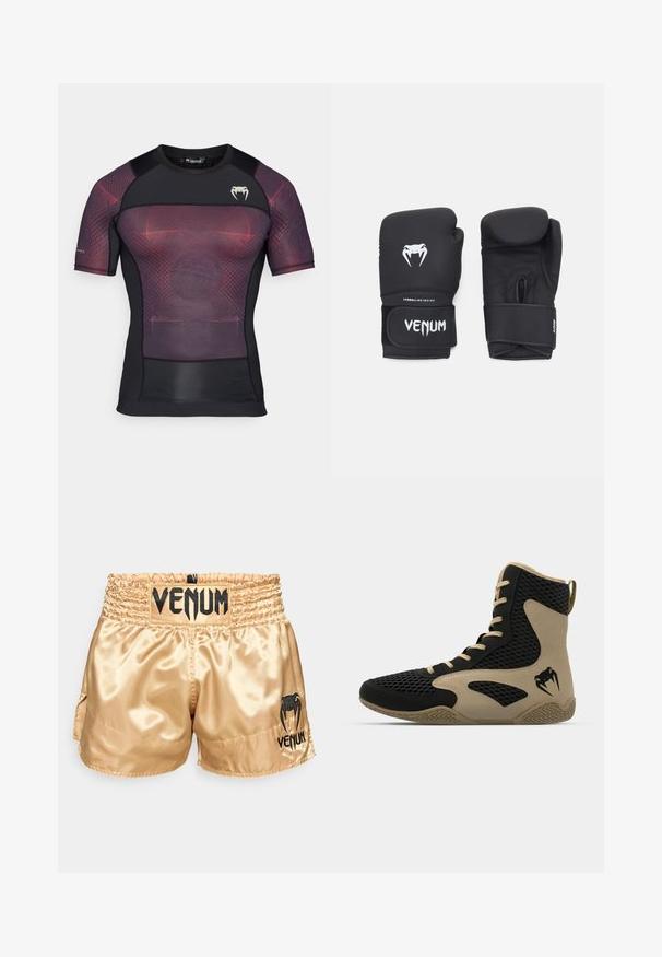 Venum AIR RASHGUARDS - T-shirt estampada - deep black/fire red; Calças de boxe de cetim dourado com o logótipo preto "VENUM" na cintura e na lateral, apresentando uma textura suave e uma cintura elástica para conforto.; Sapatilha desportiva de cano alto com um exterior em malha preta e detalhes em bege. Sola de borracha texturada e detalhe do logótipo na lateral.; Luvas de boxe pretas com uma textura suave, apresentando um logótipo branco da Venom e uma faixa ajustável com fecho de velcro para um ajuste seguro.