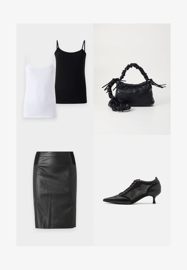 Dvě tílka, jedno bílé a jedno černé, vyrobené z jemné bavlny. Každé má tenké ramínka a jednoduchý, hladký design.; Černá kožená tužková sukně s přiléhavým střihem, hladkou texturou a elastickým páskem zdobeným po obou stranách. Rovný lem na spodním okraji.; Černá špičatá obuv s designem síťové panelů, s nízkým podpatkem a šněrováním v přední části. Vyrobeno z kombinace kůže a síťového materiálu.; Černá kabelka z umělé kůže s krokodýlím vzorem, staženým vrškem a zmačkaným popruhem. Zdá se, že má měkký a kompaktní design.