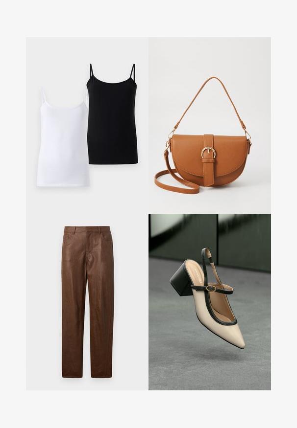 Twee topjes, één wit en één zwart, gemaakt van zacht katoen. Elk heeft dunne bandjes en een eenvoudig, glad ontwerp.; Bruine leren broek met een gladde textuur, rechte pijpen en twee zijzakken. Bevat zichtbare stikdetails.; Beige puntige slingback schoen met zwarte rand, gouden gesp en een chunky blokhak op een grijze vloer met een donker groene achtergrond.; Bruine leren schoudertas met een gebogen vorm, gouden hardware en een gespaccent. Bevat een afneembare schouderriem.