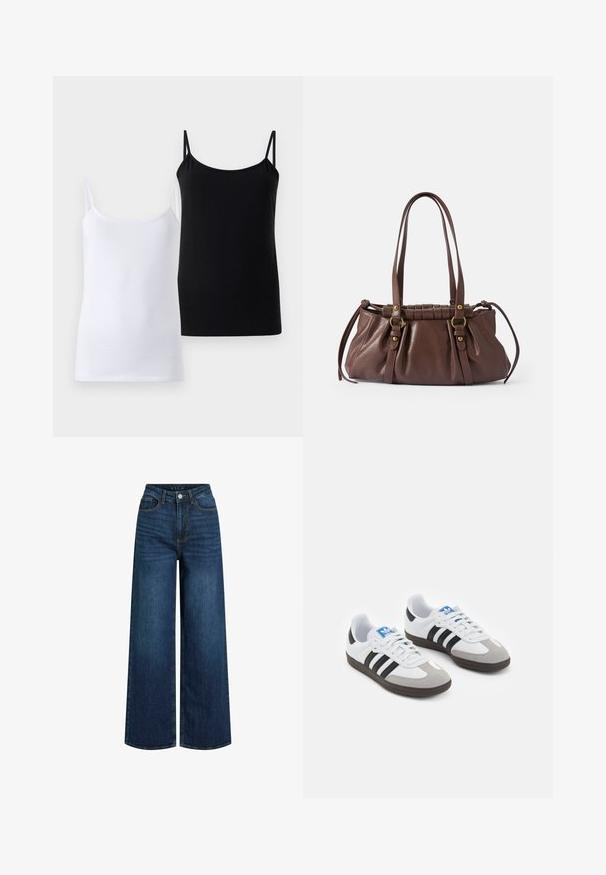 Two tank tops, one white and one black, made of soft cotton. Each features thin straps and a simple, smooth design.; Wide-leg jeans made of dark blue denim with a high waist, featuring a zipper fly, front pockets, and visible stitching details.; Sport shoes with a white leather upper, gray suede toe, and three black stripes. Features a blue logo on the tongue and a textured rubber sole.; Brown leather handbag with two long handles, gathered design, gold-tone hardware accents, and a textured finish.