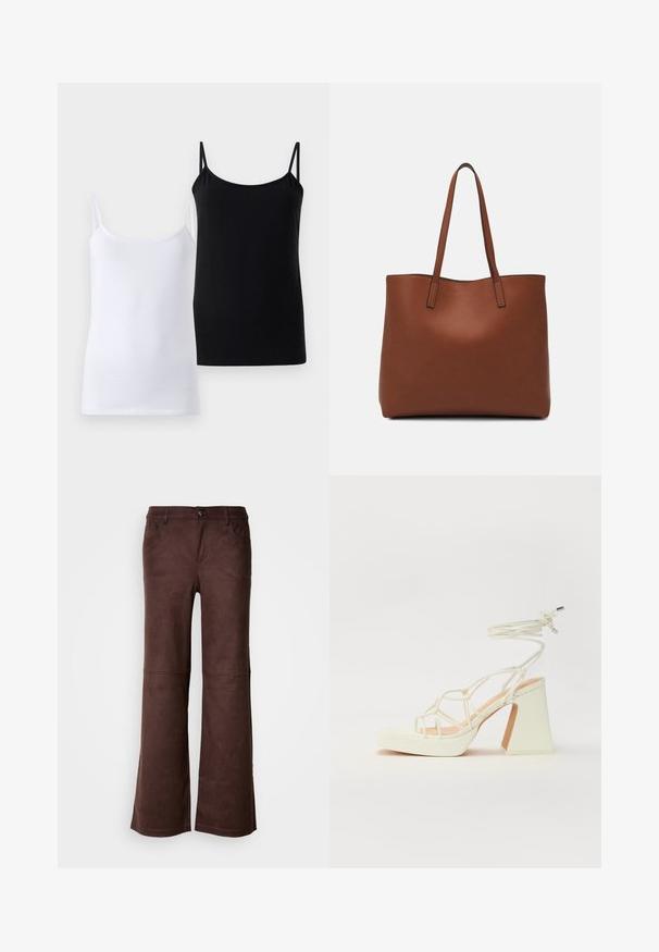 Två linnen, ett vitt och ett svart, tillverkade av mjuk bomull. Varje linne har tunna axelband och en enkel, slät design.; Bruna utsvängda byxor i ett mjukt, mockaliknande material. Har fyra fickor, ett knappstängning och en slät, strukturerad yta.; Vit högklackad sandal med en kraftig klack, med ett remdesign och ankelband. Slät textur med en plattform framtill för ökad höjd.; Brun läder tote-väska med en slät textur, öppen toppdesign och två axelremmar. Har minimal söm och ingen synlig metalldetalj.
