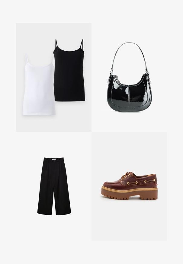 Kaksi toppeja, yksi valkoinen ja yksi musta, jotka on valmistettu pehmeästä puuvillasta. Molemmissa on ohutolkaimet ja yksinkertainen, sileä muotoilu.; Mustat leveät housut, joissa on korkeavyötärö, poimutettu etuosa ja nappisulku. Valmistettu sileästä kankaasta, jossa on räätälöity muotoilu.; Ruskea nahkainen venejalkine, jossa on paksu ruskea kumipohja, kultaiset nauhapaikat ja kontrastiväriompelu. Sivussa on logo.; Mustan kiiltävän nahkaista käsilaukkua, jossa on kaareva muotoilu, vetoketjusuljenta ja yksi olkahihna, jossa on hopean sävyistä metallia ja ompelucornalluksia.