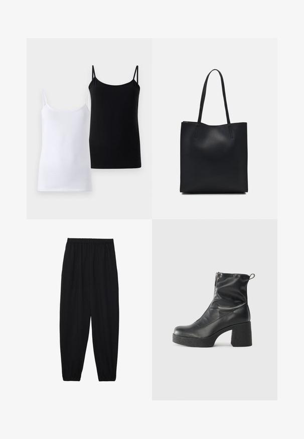 Dva topa, jedan bijeli i jedan crni, napravljeni od mekog pamuka. Svaki ima tanke naramenice i jednostavan, glatki dizajn.; Crne, lagane hlače s elastičnom stražnjom pasicom i naboranim gležnjevima. Tkanina je glatka i ima opušteni, suženi dizajn.; Crne gležnjače od glatke kože, s bočnim zatvaračem, debelim teksturiranim potplatom i dizajnom s zaobljenim prstima.; Crna kožna torba za nošenje s glatkom teksturom, pravokutnim oblikom i dvije duge ručke. Nema vidljivih metalnih dijelova ili ukrasa.