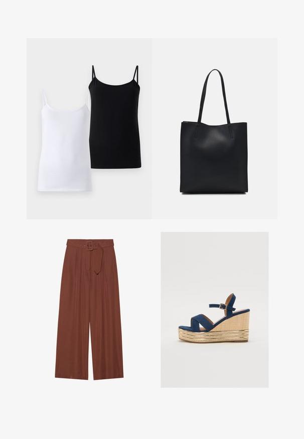 Zwei Tanktops, eines in Weiß und eines in Schwarz, aus weichem Baumwollmaterial. Jedes hat dünne Träger und ein einfaches, glattes Design.; Braune Weitbeinehosen aus Stoff, mit einem Gürtel mit eckiger Schnalle, gefältetem Design und glatter Textur.; Marineblaue Keil-Sandale mit überkreuzten Riemen, einer strukturierten Plattform aus Naturfasern und einem goldenen Metallakzent an der Basis.; Schwarze Laptoptasche aus Leder mit glatter Textur, rechteckiger Form und zwei langen Griffen. Keine sichtbaren Beschläge oder Verzierungen.