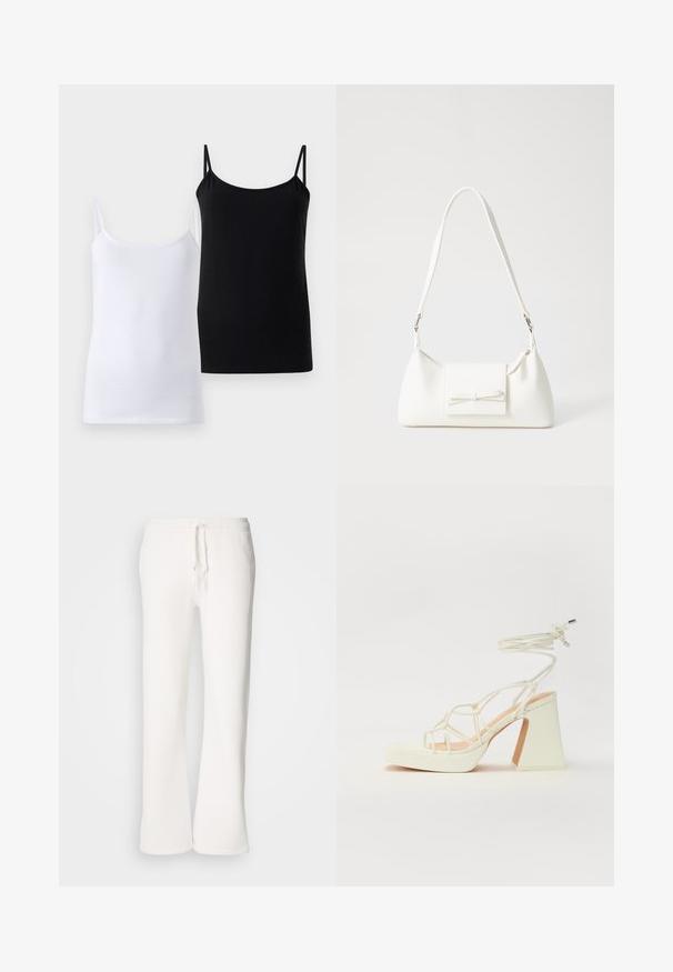Two tank tops, one white and one black, made of soft cotton. Each features thin straps and a simple, smooth design.; White, relaxed-fit sweatpants made of soft fabric, featuring an elastic waistband with a drawstring and straight-leg design.; White high-heeled sandal with a chunky heel, featuring a strappy design and ankle tie. Smooth texture with a platform front for added height.; White synthetic handbag with a triangular shape, flat front flap and bow detail, adjustable strap, smooth texture, and minimalistic design.