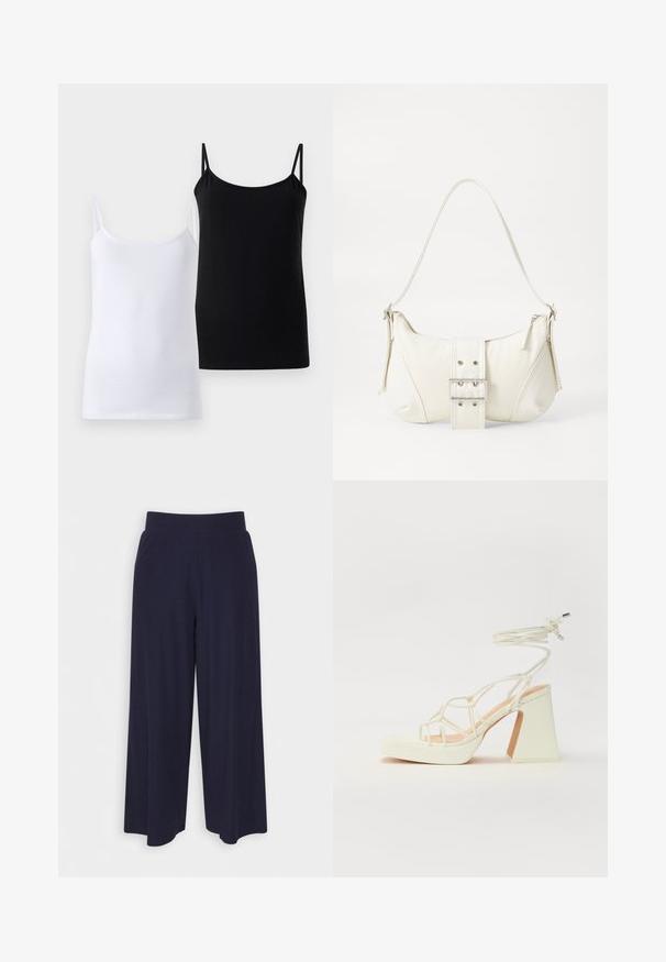 Divi topi, viens balts un viens melns, izgatavoti no mīkstas kokvilnas. Katram ir plānas siksnas un vienkāršs, gluds dizains.; Platas kājas bikses tumši zilā audumā ar svītrainu tekstūru. Aprīkotas ar gludu jostasvietu un plūstošu siluetu, sasniedzot vidus teļus.; Baltas augstpapēžu sandales ar masīvu papēdi, ar siksnu dizainu un potītes saistītiem elementiem. Gluda tekstūra ar platformu priekšpusē, lai nodrošinātu papildu augstumu.; Balts plecu soma ar teksturētu apdari, centrālu sprādzi un izliekta forma. Ražota ar rāvējslēdzēja aizdares abās pusēs.