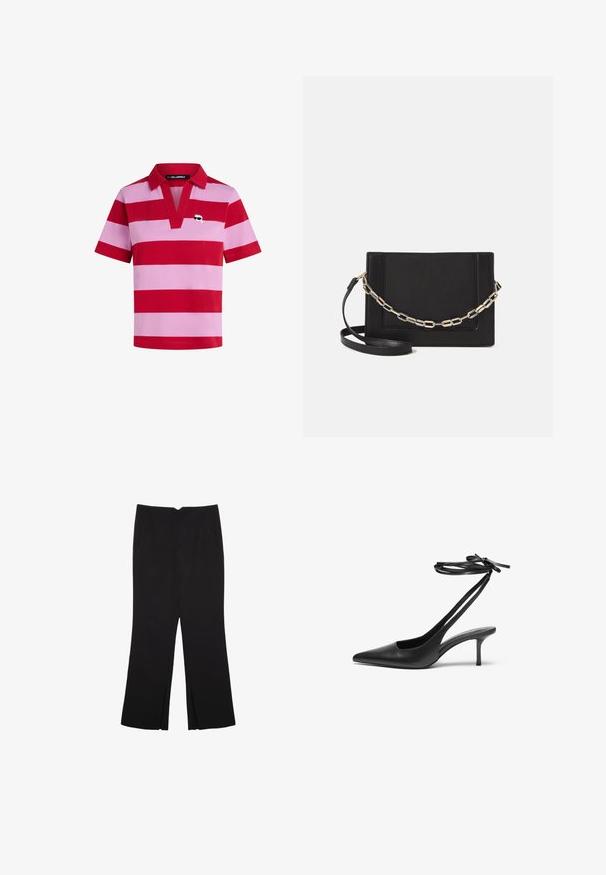 Punainen ja vaaleanpunainen raidallinen t-paita, jossa on kaulus, lyhyet hihat ja koristeellinen logo vasemmalla rintataskualueella.; Mustat housut suoralinjaisella leikkauksella, joissa on etutaskut ja sivurei'ät helman alla. Valmistettu pehmeästä ja sileästä kankaasta. Sopii eri tilaisuuksiin.; Mustat nahkaiset stiletto-kengät, joissa on terävä kärki, avoin takaosa ja nilkkahihnat solmittuina rusetiksi. Kapea 3-tuumainen korko. Tasainen pinta, minimalistinen muotoilu.; Musta nahkainen olkalaukku, jossa on sileä pinta, suorakulmainen muoto ja metalliketju yksityiskohtana edessä. Mukana säädettävä hihna.