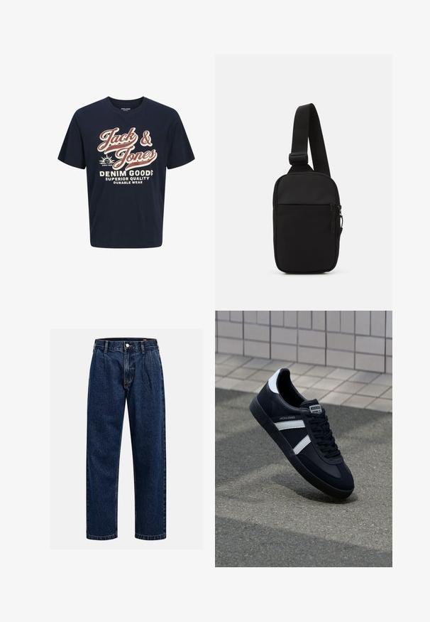 Navy blue cotton t-shirt with a round neckline. Features bold white and red text: “Jack & Jones,” “DENIM GOODS,” and additional phrases.; Dark blue denim jeans with a straight-leg design. Features visible stitching, a button closure, and front pleats for added detail.; Black leather sneaker with white stripes, textured rubber sole, and lace-up front. Features a branded label on the tongue.; Black crossbody bag made of durable fabric, featuring a single adjustable strap, a zippered main compartment, and a front pocket.