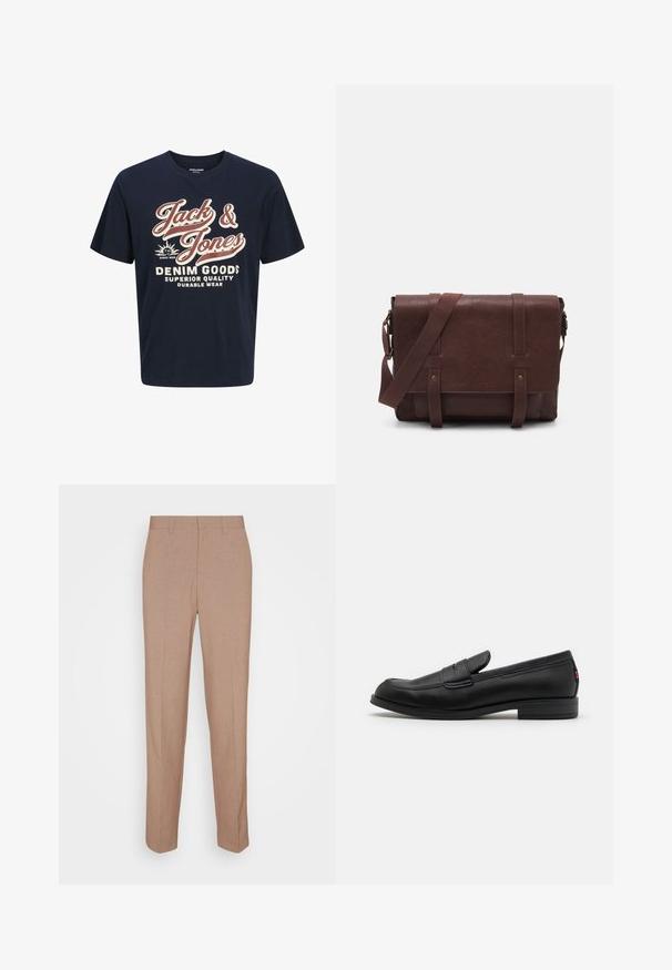 T-shirt de algodão azul marinho com gola redonda. Apresenta texto em negrito branco e vermelho: "Jack & Jones", "DENIM GOODS" e frases adicionais.; Calças bege feitas à medida, em tecido liso e texturizado. Corte reto com cós e sem adornos ou bolsos visíveis.; Mocassim de couro preto com um acabamento suave, bico arredondado e uma pequena aba decorativa. Apresenta um salto baixo em camadas e um detalhe de branding discreto.; Mala mensageiro de couro castanho com uma aba frontal plana, duas correias, detalhes em metal dourado e uma alça de ombro ajustável.