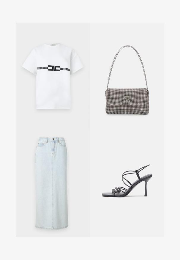 Hvid kortærmet T-shirt lavet af bomuld, med et centralt sort logo-bånd med teksten "ELISABETTA FRANCHI" og geometriske accenter.; Lyseblå denim maxi-nederdel med lige design, frontknaplukning og synlige syninger. Har to frontlommer.; Sorte højhælede sandaler med tynde stropper og en knyttet design, en glat firkantet tå og en slank stiletto hæl.; Lys grå metallisk håndtaske med kædestrop, dekoreret med små runde metalliske studs og et trekantet brandlogo.; Sølv hoop øreringe med en glat, skinnende overflade. Rundet form, letvægtsdesign med post-back lukning.