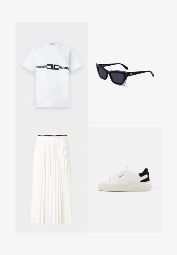 Camiseta blanca de manga corta hecha de algodón, con una banda central de logo negro que lleva el texto "ELISABETTA FRANCHI" y acentos geométricos.; Falda blanca plisada con una cinturilla elástica negra que presenta el logotipo "LACOSTE". Diseño de longitud media con textura suave.; Zapatillas blancas de cuero con una suela blanca gruesa, acento en el talón de ante negro y logo grabado en el lateral. Diseño de cordones con seis ojales.; Gafas de sol negras de gran tamaño con una forma geométrica, que presentan lentes oscuros y un detalle gris contrastante en la montura. Logo en la pata.